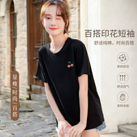 【100%纯棉】春季女式t恤短袖女秋上衣半袖樱桃印花打底T恤