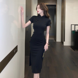 FOURDATRY 复古盘扣旗袍连衣裙显瘦包臀小黑裙气质夏季长