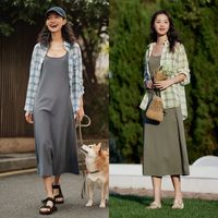 森马 Semir连衣裙女中长款格子衬衫修身吊带裙夏显瘦复古两件套