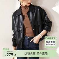 尚都比拉 干练帅气经典百搭翻领口袋设计机车夹克女皮衣 黑色 S