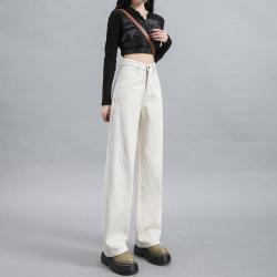 美丽衣橱 纯棉高街牛仔裤女2025春夏直筒百搭宽松休闲阔腿米白色裤子女