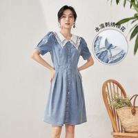 夏季水溶绣花泡泡袖学院风牛仔连衣裙A字伞裙子