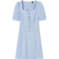 Semir森马连衣裙女泡泡袖方领少女感夏季纯色纯棉短裙温柔甜美