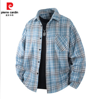 皮尔·卡丹 皮尔卡丹2025春季男士格子衬衣外套男休闲宽松长袖衬衫男 黑色 M