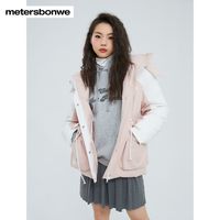 美特斯邦威羽绒服女冬季时尚拼接撞色宽松保暖舒适中长款羽绒服