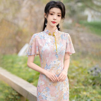 戚薇 新款年轻气质修身新中式荷叶袖印花改良旗袍