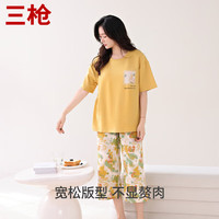 三枪（THREEGUN）纯棉男女家居服套装睡衣宽松透气格纹圆领新疆棉短袖短裤舒适 女款-黄色2 L