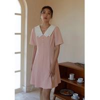 大码法式设计双领连衣裙女短袖A字裙收腰显瘦短裙女