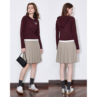 初语撞色拼接连帽卫衣女2025年春季修身短款套头衫休闲上衣 酒红色 XL