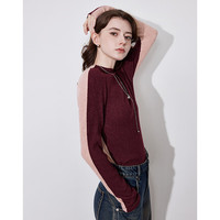 初语保暖半高领针织衫女2024年秋冬撞色拼接坑条上衣毛衣 藕粉色 常规 XL