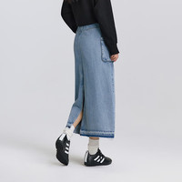 森马（Semir）牛仔半身裙女毛边长裙工装风街头春小心机抽绳开叉直筒裙复古 牛仔中蓝88201 160/66A/M