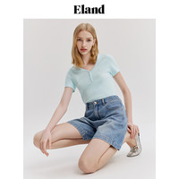 Eland衣恋T恤女爱心领半开襟正肩格雷系修身显瘦上衣内搭夏季款 黑色(19)Black S/160