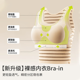 半练条纹背心带胸垫无袖宽肩带遮副乳显瘦美背免穿文胸可外穿 【透气竹纤维】-奶咖条纹 S