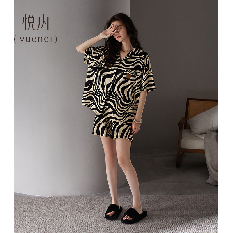 悦内睡衣女夏季莫代尔短袖短裤家居服冰丝夏天夏款斑马纹时尚套装