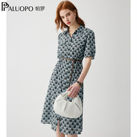帕罗(PALUOPO)桑蚕丝衬衫裙】夏新款翻领格纹印花短袖减龄优雅透气显瘦连衣裙 蓝灰
