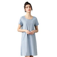 韩彩睡裙女夏季纯棉短袖薄款简约睡衣服女士连衣裙家居裙 雾蓝 XL