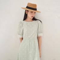 格子提花连衣裙夏季蕾丝宽松短袖A字伞裙子