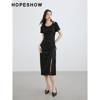 红袖奥莱春季女装镂空收腰开叉圆领套头连衣裙 黑050 XL