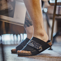 马登复古软木拖鞋子男士2025夏季外穿魔术贴休闲小众一字凉拖 黑海蓝 39