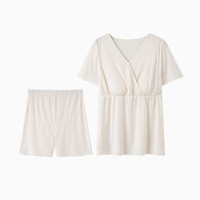 ROVO莫代尔月子服带胸垫夏季薄款产后睡衣哺乳短袖短裤家居服套装 白色【凉感莫代尔  短袖裤套装】 M