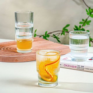 乐唯诗（NERVISHI）乐动玻璃杯带把家用冷水壶耐热自开合大容量凉水壶玻璃耐热杯子 乐动竖纹【叠叠杯】 180ml 2只