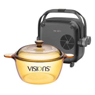 VISIONS康宁1.5L汤锅和多功能双边料理组合 玻璃锅电陶炉烧烤涮组合 VS15+黑色双边料理锅