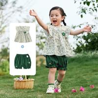 【立体花荷叶飞袖】户外夏装女童套装碎花衬衫上衣短裤两件套