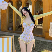莫代尔泳衣女连体长袖两件套黄色碎花少女显瘦纯欲风钢托聚拢25泳装