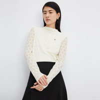 leisure三彩丽雪春秋高级感半高领立体繁花网纱针织衫女 奶白 S