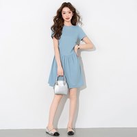 时尚简约纯色收腰显瘦A字裙女款夏季圆领短袖通勤百搭气质连衣裙