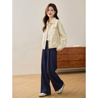 熙世界sllsky工装风口袋绣花牛仔外套春秋100%新疆棉短款夹克上衣 奶杏色 M