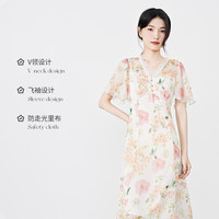 秋水伊人秋水伊人气质V领法式优雅连衣裙2023年夏季新款女装薄款中长裙子 花料