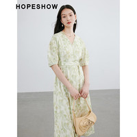 红袖奥莱夏季女装晕染花卉收腰V领套头连衣裙 绿花602 M