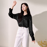 秋水伊人气质百搭褶皱长袖衬衫秋季女装高级感休闲上衣 黑色 M