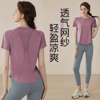 徽昂运动套装女瑜伽服套装跑步速干衣t恤网纱透气短袖长裤紫灰M 紫色+灰色 M /85-110斤