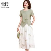 雪暖2025夏装套装洋气中式短袖中老年女装时尚半身裙子两件套