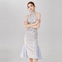 【国潮】2025年春季优雅挂脖旗袍晚礼服网纱拼接款连衣裙女