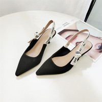 尔煦包头猫跟凉鞋2025年夏季百搭字母女细跟中跟后空浅口高跟鞋女 黑色 37