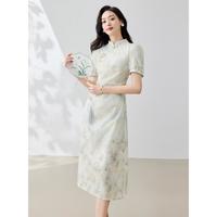 马克华菲 女装新中式国风立领旗袍女夏季小个子气质减龄碎花中长连衣裙