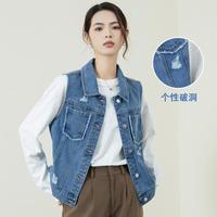 2025春季时尚小香风毛边口袋女式破洞牛仔马甲外套马夹女上衣