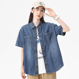 【纯棉牛仔短袖】经典百搭双车线设计女式牛仔短袖衬衫女开衫上衣