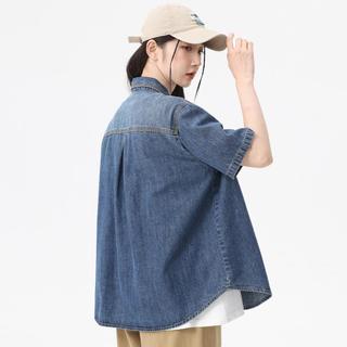 【纯棉牛仔短袖】经典百搭双车线设计女式牛仔短袖衬衫女开衫上衣