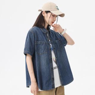 【纯棉牛仔短袖】经典百搭双车线设计女式牛仔短袖衬衫女开衫上衣