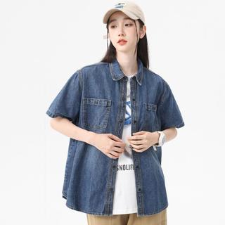【纯棉牛仔短袖】经典百搭双车线设计女式牛仔短袖衬衫女开衫上衣