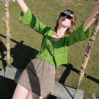 三彩2025春季镂空针织衫两件套短款V领开衫长袖清新M 丛林绿 S 155/80A