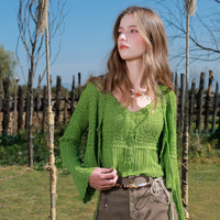 三彩2025春季镂空针织衫两件套短款V领开衫长袖清新M 丛林绿 XL 170/92A