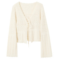 三彩2025春季镂空针织衫两件套短款V领开衫长袖清新M 米白色 XL 170/92A