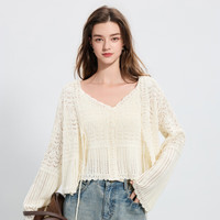 三彩2025春季镂空针织衫两件套短款V领开衫长袖清新M 米白色 L 165/88A