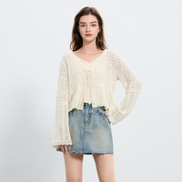 三彩2025春季镂空针织衫两件套短款V领开衫长袖清新M 米白色 S 155/80A