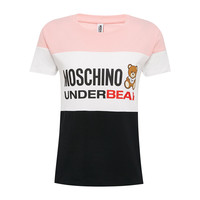 Moschino/莫斯奇诺 女士字母小熊印花圆领棉质短袖T恤 粉白黑拼色 S
